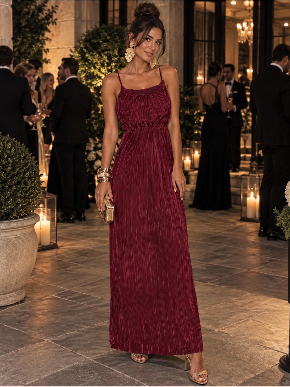 Burgundy Wine Pleated Maxi Dress Spaghetti Strap Ruched Bodice Formal Evening